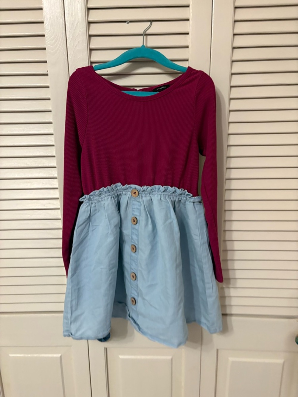 Magenta Ribbed Top with Light Blue Button-Front Skirt Dress